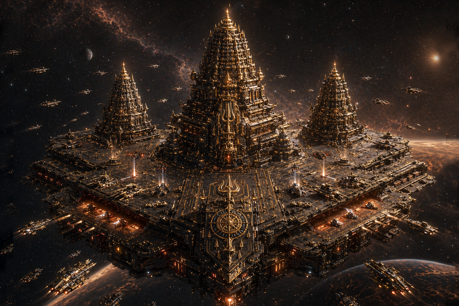 Nakshatra Simhasana Super Carrier accompanied by its battle fleet.